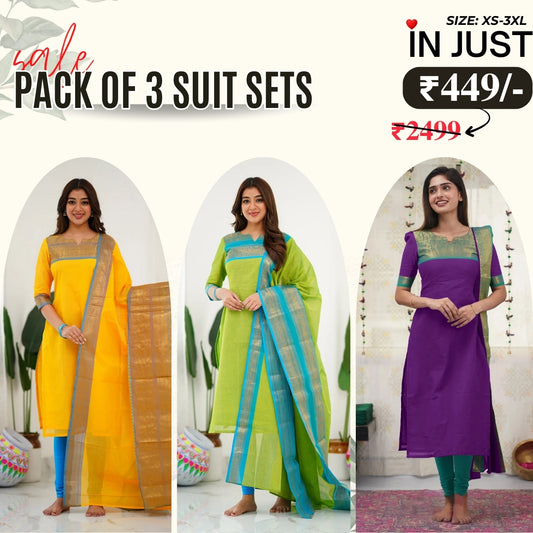 Vibrant Pack of 3 Silk Blend Suit Sets with Dupatta – Yellow, Green & Purple | Sizes XS–3XL |  SS-01