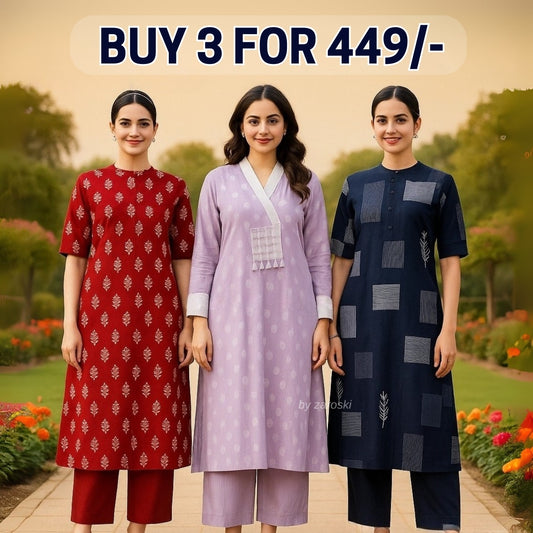 3 Combo Soft Cotton Kurta with Stylish Printed Pants Set For Daily Wear | KSP-10