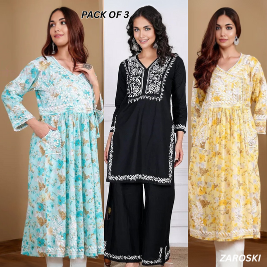 3 Combo Pack | Women Chikankari Work Kurti Set | Full Sleeves - CKW-05