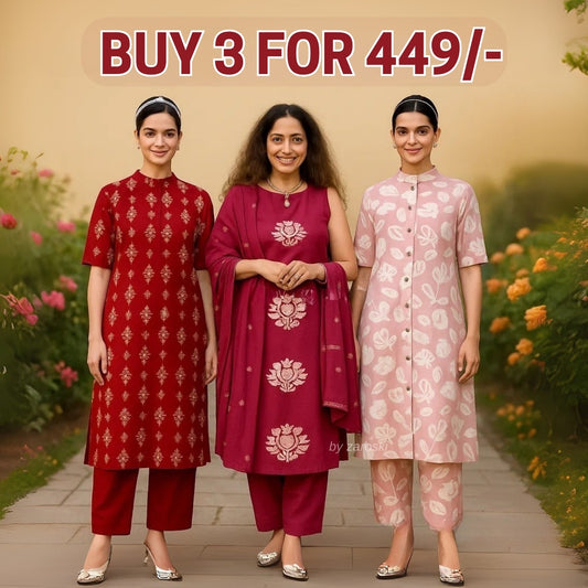 3 Combo Soft Cotton Kurta with Stylish Printed Pants Set For Daily Wear | KSP-01