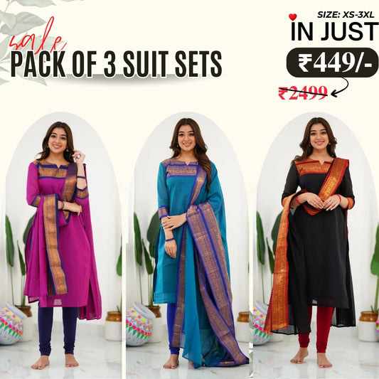 Vibrant Pack of 3 Silk Blend Suit Sets with Dupatta – Pink , Blue & Black | Sizes XS–3XL |  SS-02