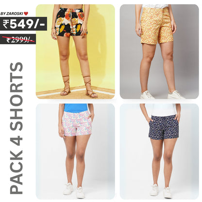 Pack Of 4 | Modern Llifestyles Regular Fit Cotton Shorts for Women | C-093