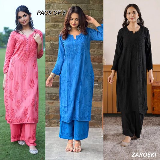 3 Combo Pack | Women Chikankari Work Kurti Set | Full Sleeves - CKS02