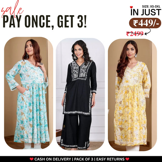 3 Combo Pack | Women Chikankari Work Kurti Set | Full Sleeves - CKW-05