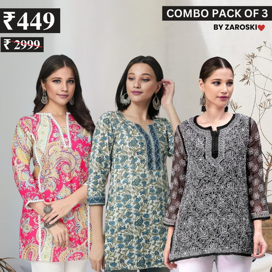 3 Combo Pack Cotton Short Kurtis | Summer Cotton Bliss | 3/4 Sleeve | C-152