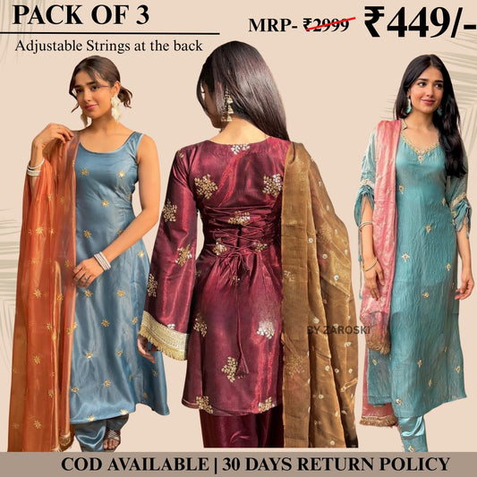 Embrace Elegance with Our 3-Piece Adjustable Kurti, Pant & Dupatta Set | PACK OF 3 | AK-01