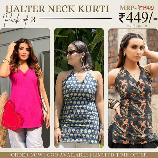 Pack of 3 | Stylish Halter Neck Kurtis for Women | Cotton Kurta Set | SKU: HSK-02