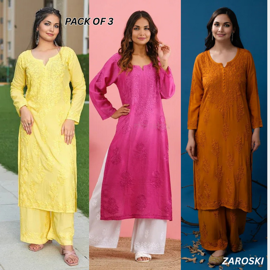 3 Combo Pack | Women Chikankari Work Kurti Set | Full Sleeves - CKS03