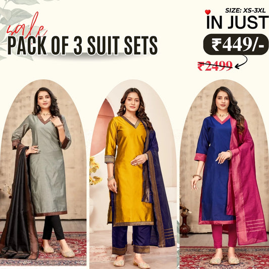 Vibrant Pack of 3 Silk Blend Suit Sets with Dupatta – Grey, Yellow & Purple | Sizes XS–3XL |  SS-03