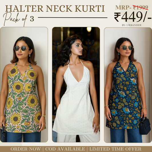 Pack of 3 | Stylish Halter Neck Kurtis for Women | Cotton Kurta Set | SKU: HSK-03