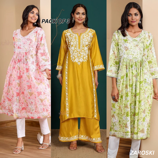 3 Combo Pack | Women Chikankari Work Kurti Set | Full Sleeves - CKW-04
