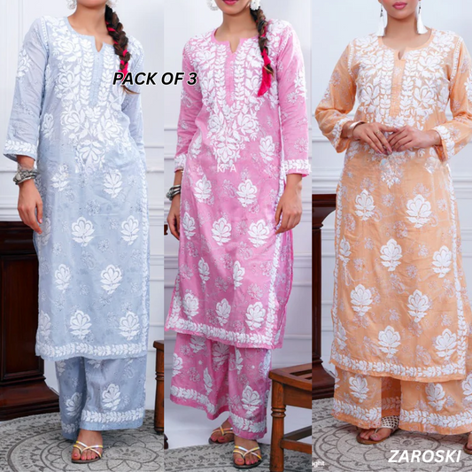 3 Combo Pack | Women Chikankari Work Kurti Set | Full Sleeves - CKS04