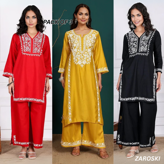 3 Combo Pack | Women Chikankari Work Kurti Set | Full Sleeves - CKW-03