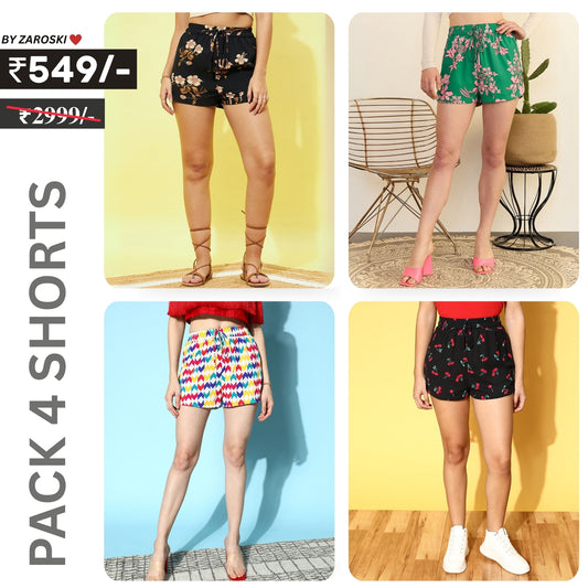 Pack Of 4 | Modern Llifestyles Regular Fit Cotton Shorts for Women | C-094