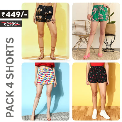 Pack Of 4 | Modern Llifestyles Regular Fit Cotton Shorts for Women | C-094