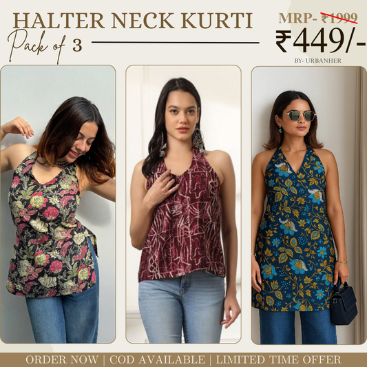 Pack of 3 | Stylish Halter Neck Kurtis for Women | Cotton Kurta Set | SKU: HSK-04