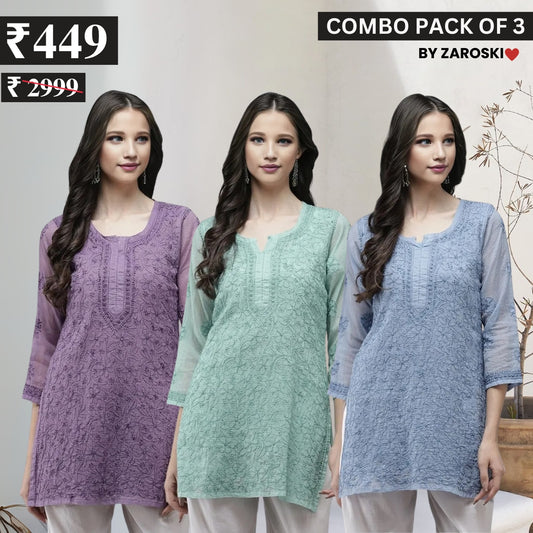 3 Combo Pack Cotton Short Kurtis | Summer Cotton Bliss | 3/4 Sleeve | C-154