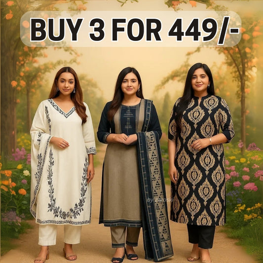3 Combo Soft Cotton Kurta with Stylish Printed Pants Set For Daily Wear | KSP-02