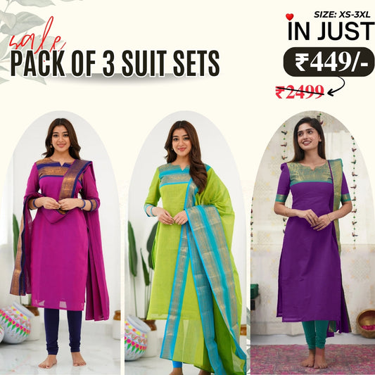Vibrant Pack of 3 Silk Blend Suit Sets with Dupatta –Pink , Parrot Green & Purple | Sizes XS–3XL |  SS-04