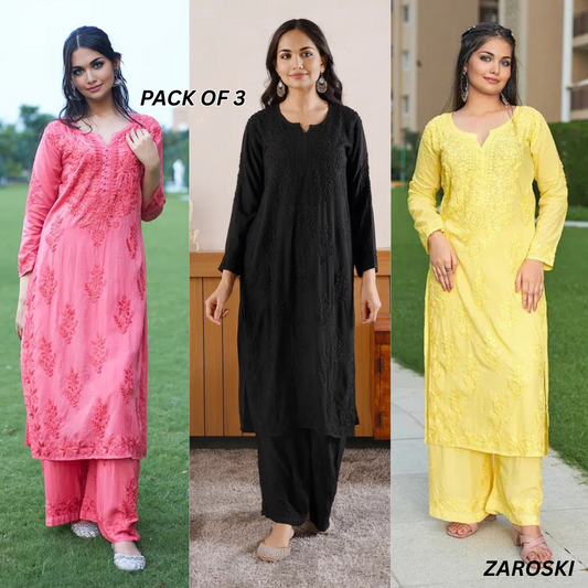 3 Combo Pack | Women Chikankari Work Kurti Set | Full Sleeves - CKS05