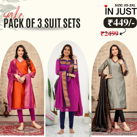 Vibrant Pack of 3 Silk Blend Suit Sets with Dupatta – Orange , Pink & Grey | Sizes XS–3XL |  SS-05