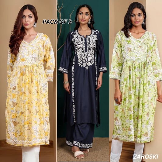 3 Combo Pack | Women Chikankari Work Kurti Set | Full Sleeves - CKW-02