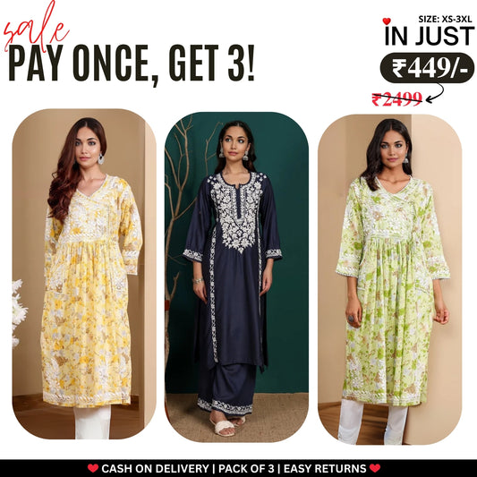 3 Combo Pack | Women Chikankari Work Kurti Set | Full Sleeves - CKW-02