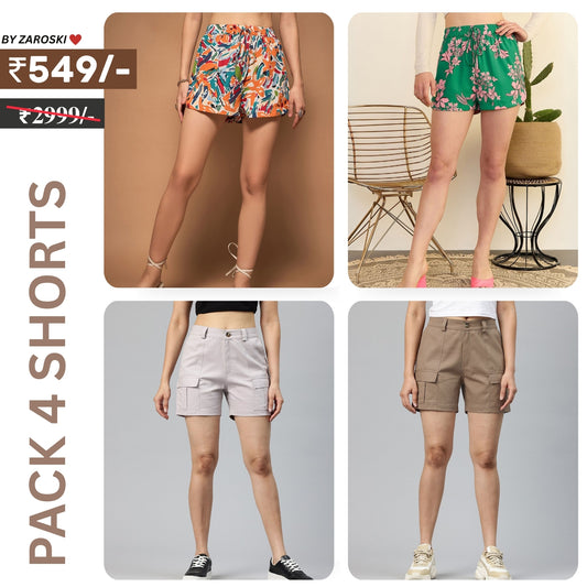 Pack Of 4 | Modern Llifestyles Regular Fit Cotton Shorts for Women | C-095