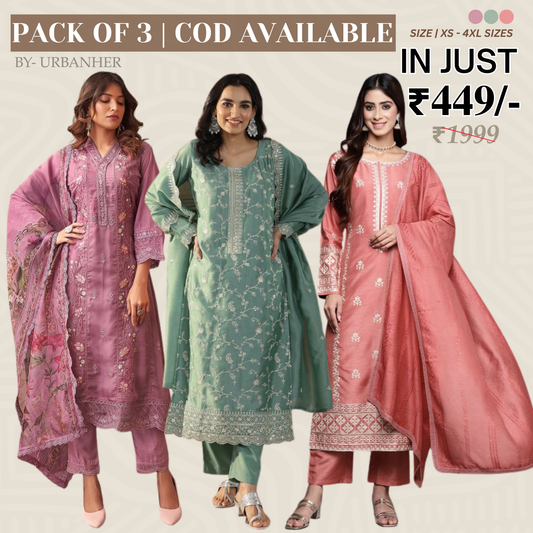 Pack of 3 | Elegant Silk Suit Set for Women | Festive & Party Wear |  SS-01