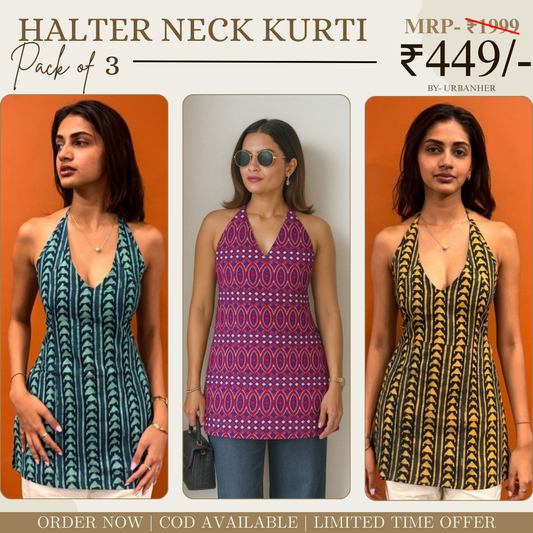 Pack of 3 | Stylish Halter Neck Kurtis for Women | Cotton Kurta Set | SKU: HSK-05