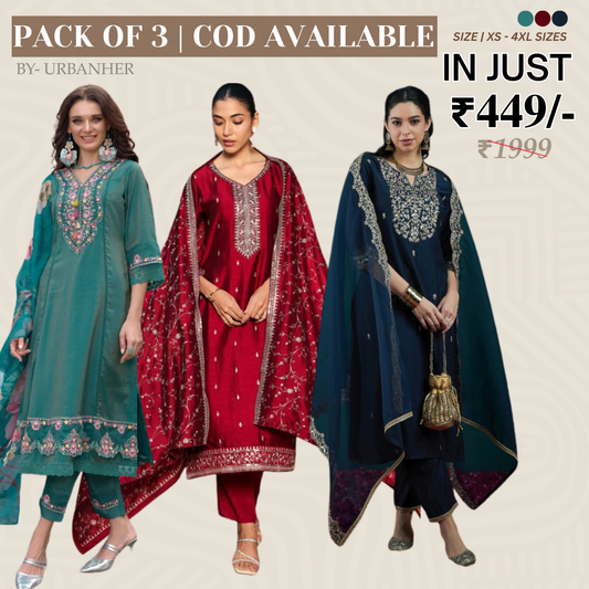 Pack of 3 | Elegant Silk Suit Set for Women | Festive & Party Wear |  SS-02