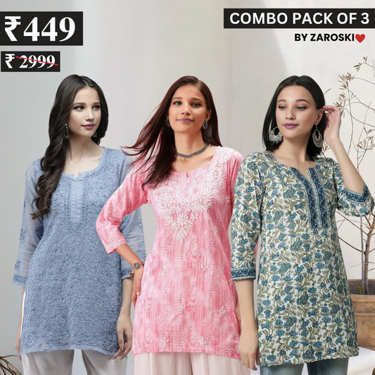 3 Combo Pack Cotton Short Kurtis | Summer Cotton Bliss | 3/4 Sleeve | C-156