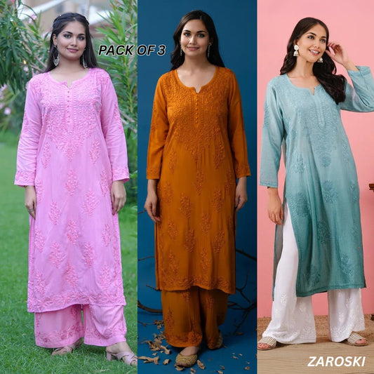 3 Combo Pack | Women Chikankari Work Kurti Set | Full Sleeves - CKS06
