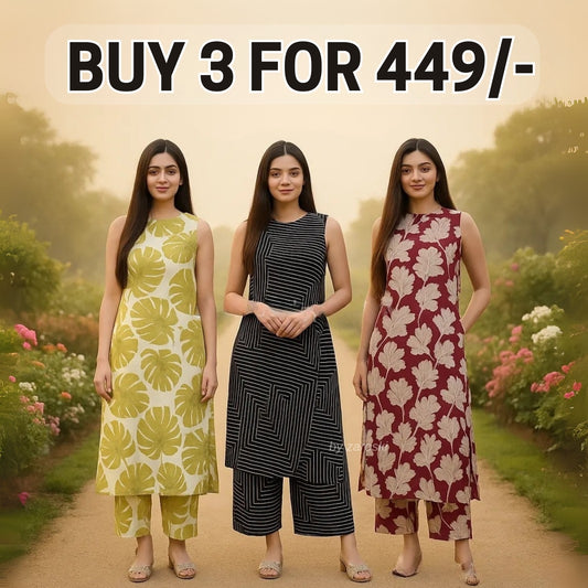 3 Combo Soft Cotton Kurta with Stylish Printed Pants Set For Daily Wear | KSP-03