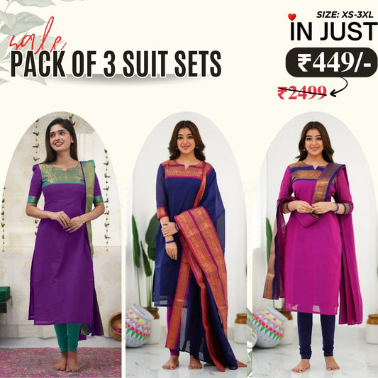 Vibrant Pack of 3 Silk Blend Suit Sets with Dupatta – Purple with Green, Navy Blue with Maroon, and Magenta with Navy Blue | Sizes XS–3XL |  SS-06