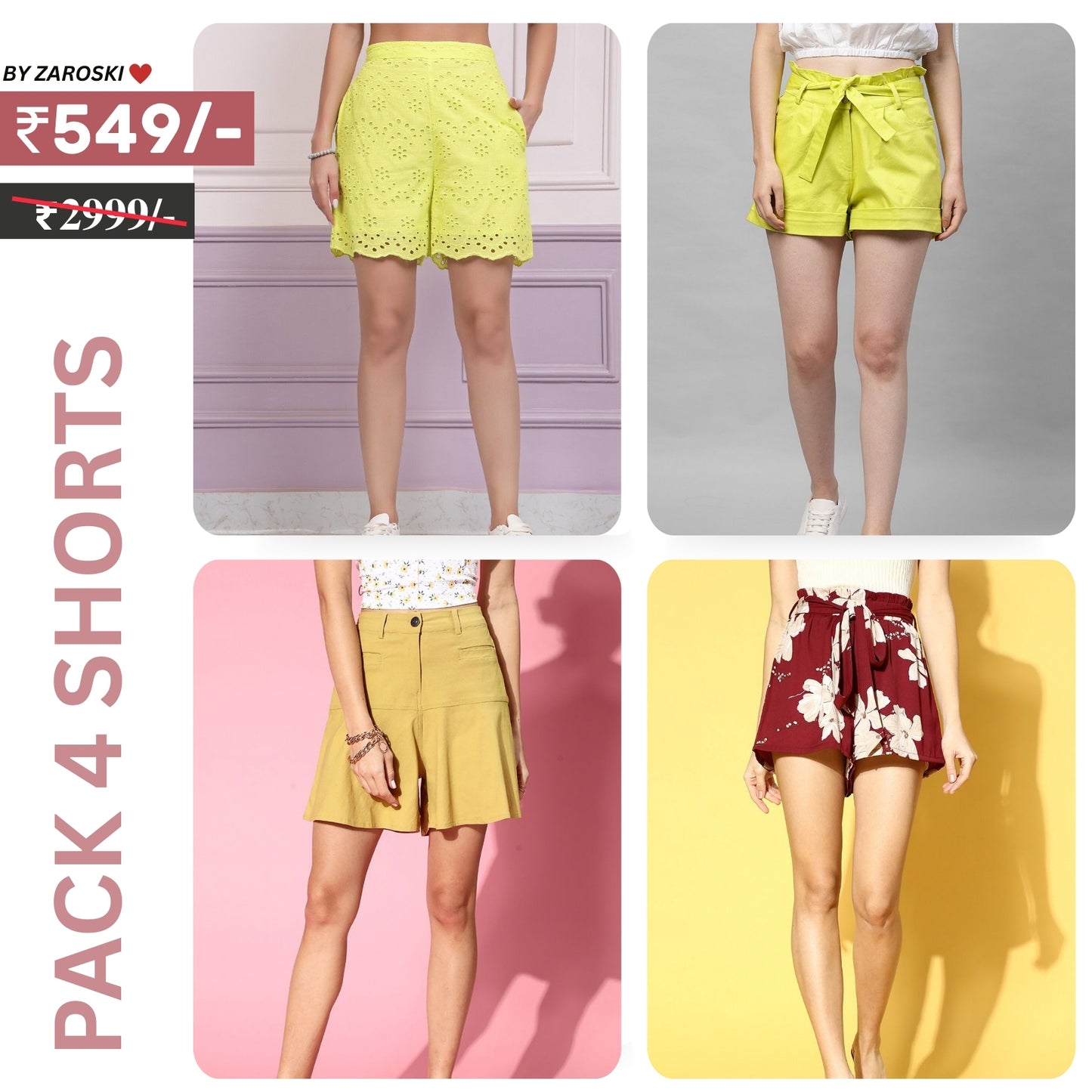Pack Of 4 | Modern Llifestyles Regular Fit Cotton Shorts for Women | C-096