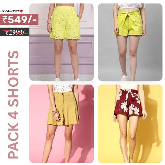 Pack Of 4 | Modern Llifestyles Regular Fit Cotton Shorts for Women | C-096