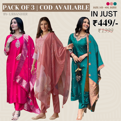 Pack of 3 | Elegant Silk Suit Set for Women | Festive & Party Wear |  SS-03