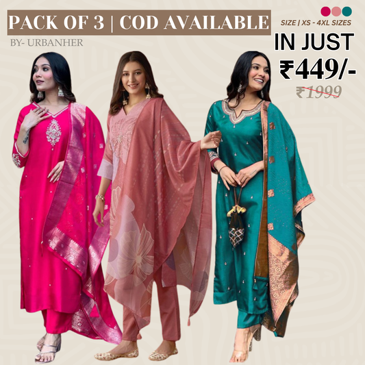 Pack of 3 | Elegant Silk Suit Set for Women | Festive & Party Wear |  SS-03