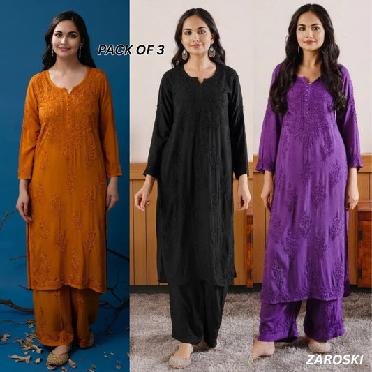 3 Combo Pack | Women Chikankari Work Kurti Set | Full Sleeves - CKS07