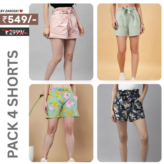 Pack Of 4 | Modern Llifestyles Regular Fit Cotton Shorts for Women | C-097