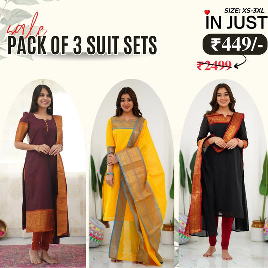 Vibrant Pack of 3 Silk Blend Suit Sets with Dupatta – Maroon, Yellow & Black | Sizes XS–3XL |  SS-07