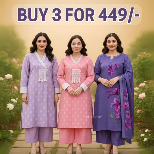 3 Combo Soft Cotton Kurta with Stylish Printed Pants Set For Daily Wear | KSP-04