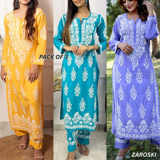 3 Combo Pack | Women Chikankari Work Kurti Set | Full Sleeves - CKS08