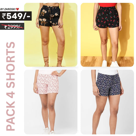 Pack Of 4 | Modern Llifestyles Regular Fit Cotton Shorts for Women | C-098