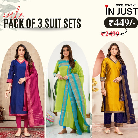Vibrant Pack of 3 Silk Blend Suit Sets with Dupatta – Navy Blue, Lime Green & Mustard Yellow | Sizes XS–3XL |  SS-08
