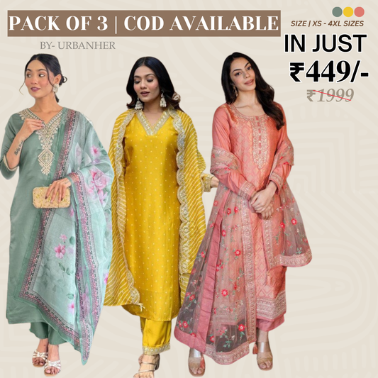 Pack of 3 | Elegant Silk Suit Set for Women | Festive & Party Wear |  SS-04