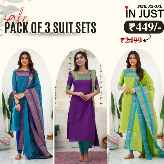 Vibrant Pack of 3 Silk Blend Suit Sets with Dupatta – Teal Blue, Royal Purple & Lime Green | Sizes XS–3XL |  SS-09