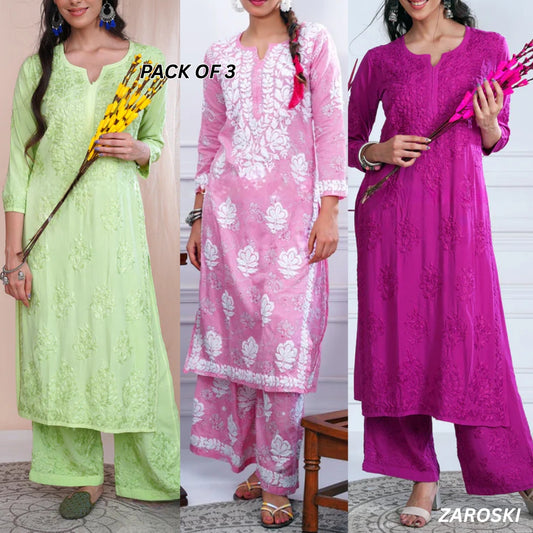 3 Combo Pack | Women Chikankari Work Kurti Set | Full Sleeves - CKS09
