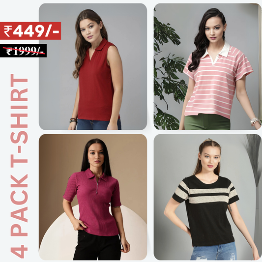 4 Combo Women T-Shirts | Stylish, Comfortable, and Versatile Wardrobe Essentials (TSN-09)